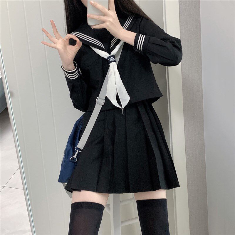 速发服栗鼠丸jk制服正统黑础款基绀三本中间服不良水手空套装