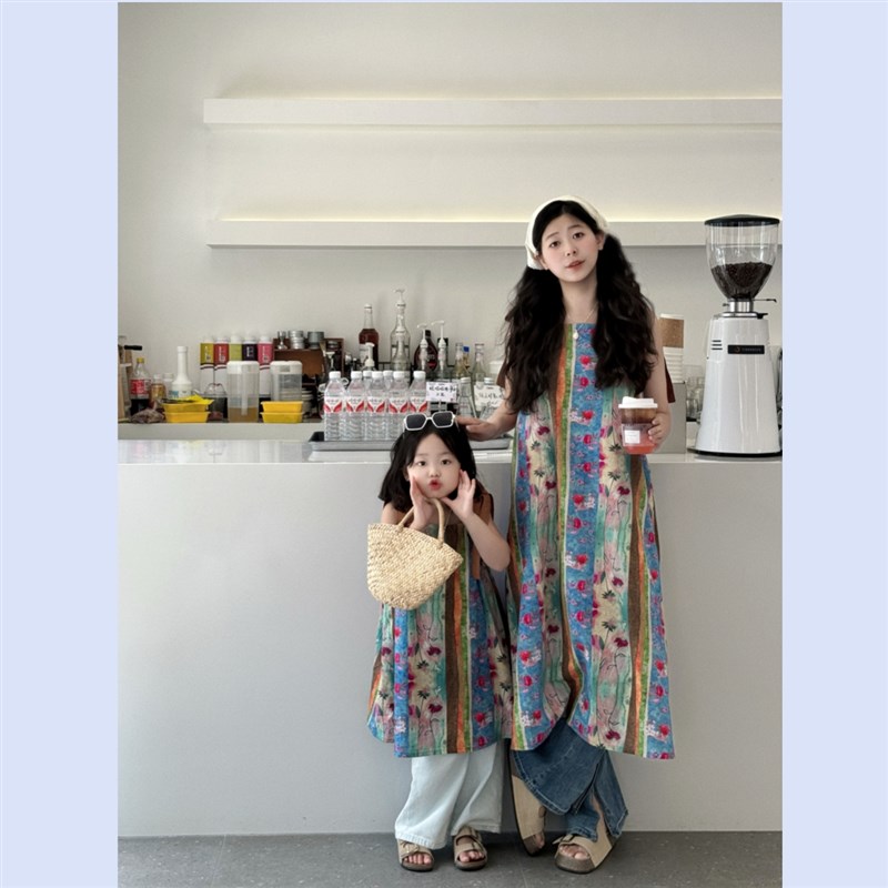 速发亲子装度装风20甜4款复古2美碎花吊带沙滩裙度假母服假薄款