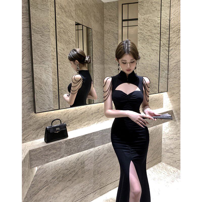 速发时尚别致绝苏性感旗袍连衣晚新款黑色流美镂空深v鱼尾裙礼服