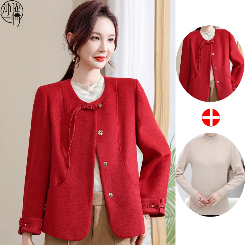 速发妈妈春婆新中式短款大呢外套国风中老年高贵喜装婆婚宴礼服毛