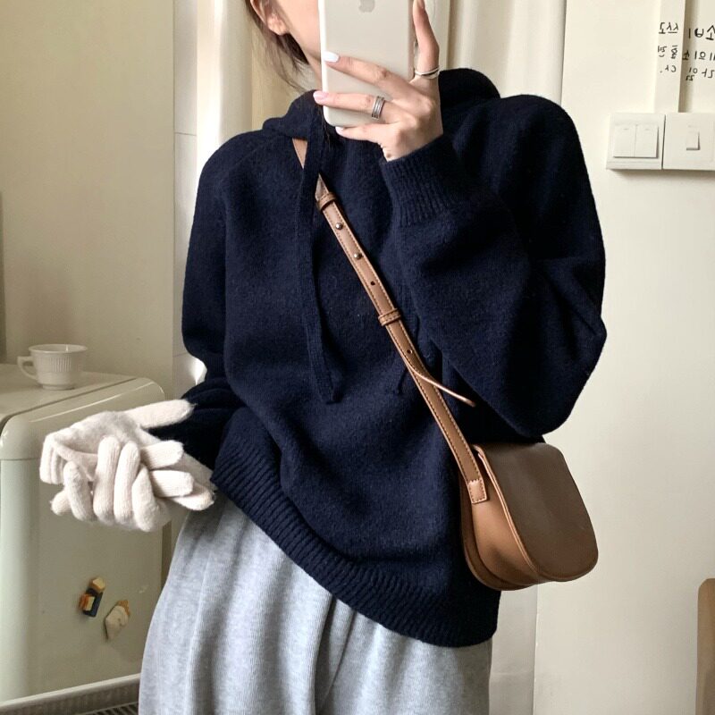 速发黑色连帽毛衣秋子内搭小个冬宽松慵懒风套头加厚针织衫卫衣外