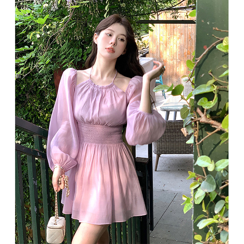 速发2024年新季春款长袖挂脖紫色连衣裙个小子御姐高级感生日礼服