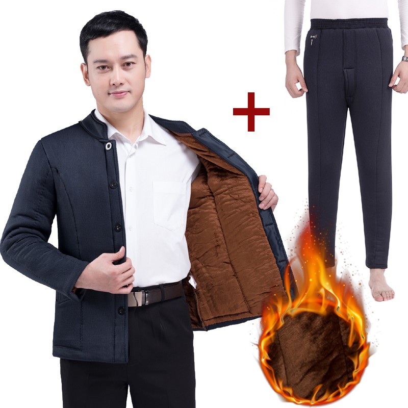 速发中老年棉衣男士加内加厚棉袄棉裤冬季保暖棉服松胆大码宽绒有