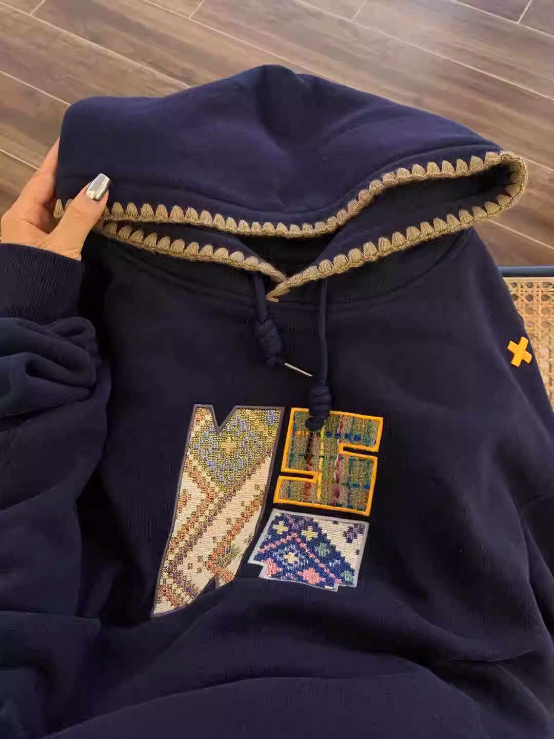 速发加大码00斤美复式古藏蓝色衣帽卫连小个子设计感小众情侣装长
