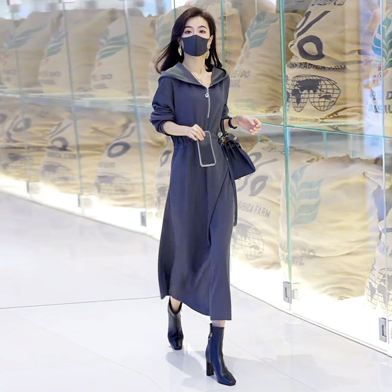 速发高级感纯色长款卫连裙2024年春秋款宽松休闲衣帽气质长袖连衣