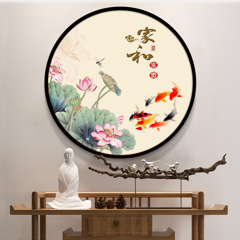 现货速发九鱼图圆形挂画玄关装饰画新中式客厅沙发招财餐厅背景墙图片