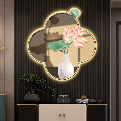 速发轻奢荷花玄关装道画灯端带高走廊过饰壁画新中式客厅餐厅挂画