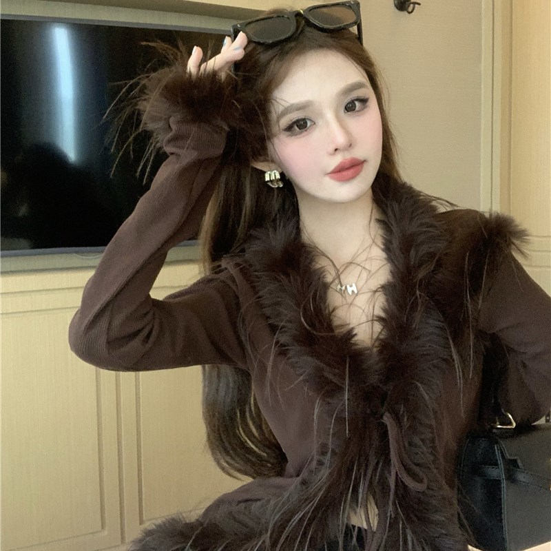 速发美衣德毛毛边v领针织衫毛拉打衫春秋纯欲辣妹上衣开底内搭外