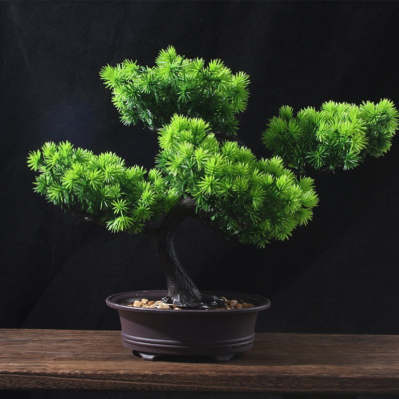 速发创意迎客松盆景客绿玄关电视植假花厅植盆栽柜物办公室摆件树