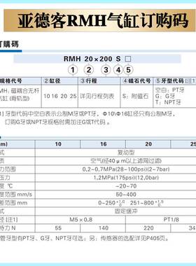 亚德客无杆气缸RMH16/10/20X100S/125S/150S/175S/200S/250S/300S
