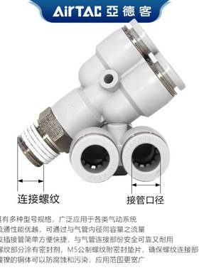 亚德客正品Y型螺纹三通快速接头PYB4/6/8/10/12-M5/01/02/03/04