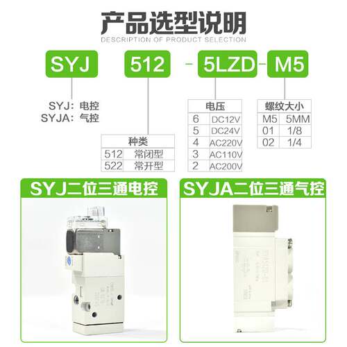 SMC气动电磁阀SYJ512/522/712/722-3/4/6/5LZD/GZD/MZD/DZD-M5/01