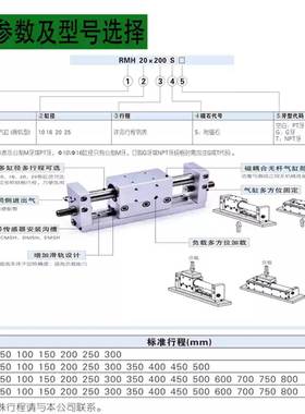 亚德客型带导轨无杆气缸RMH10X16X20X25X50X100X150X200X250X300S