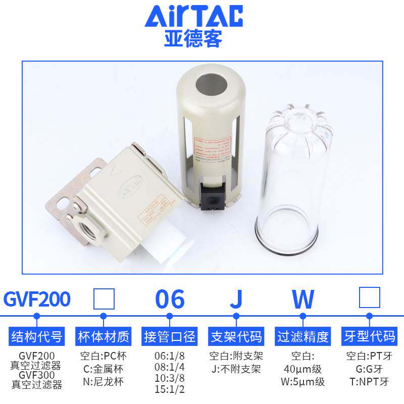 亚德客负压真空过滤器GVF200-06/08 GVF300-08/10/15-W气源处理器
