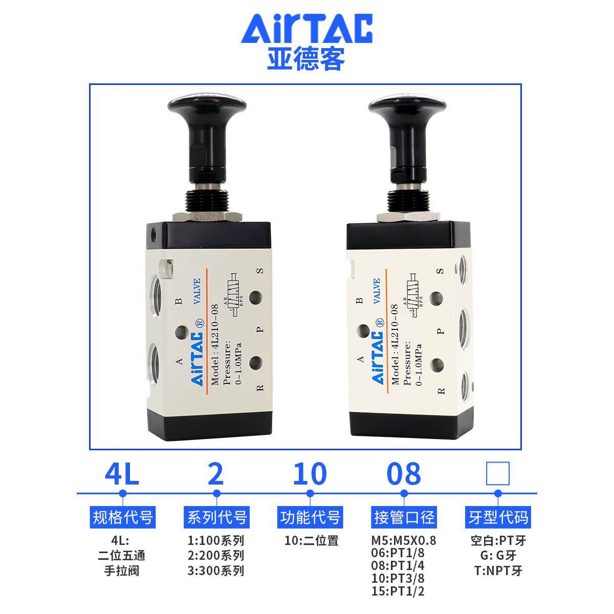 亚德客气动开关手动阀手扳阀手拉阀4r气缸换向4L210-08/4L31008