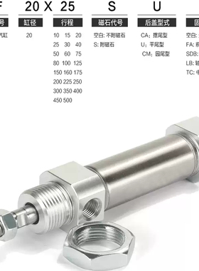 亚德客迷你气缸MFC20/MF25/32/40X50X200X300X400X500SCA/UCM缓冲