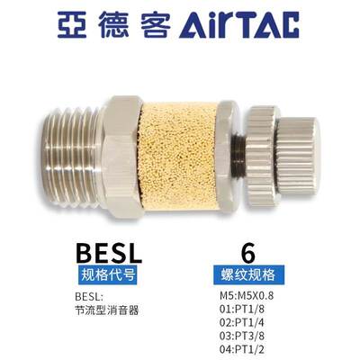 原装正品亚德客气动流量可调型消声器全铜消音器BESL-01-02-03-04