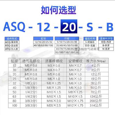 亚德客SDA气缸ASQ12/16/20/25/32X5X10X15X20X25X40X50X63 S SDAJ