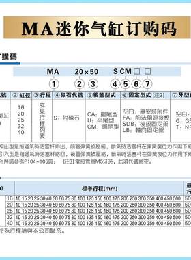亚德客迷你气缸MA16/32/20/25/40X350X400X450*500X600SCA SU SCM