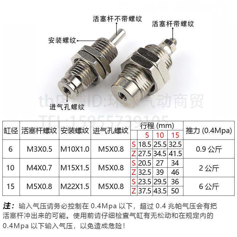 亚德客单动MPE8/1针型外螺纹单作用迷你小气缸CJPB4x5/6x10-15-0B