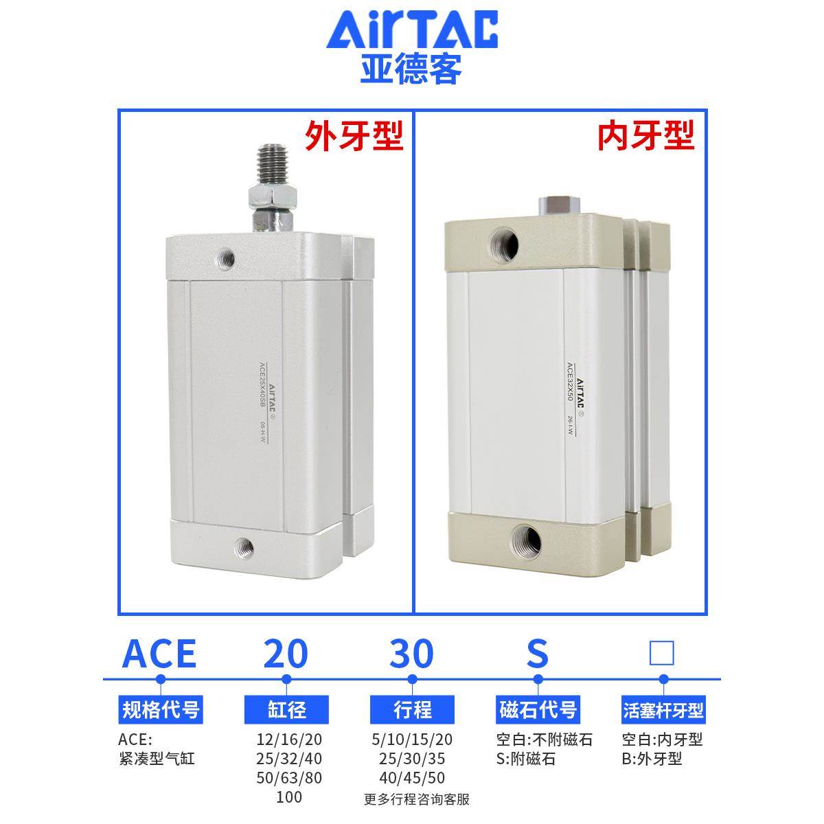亚德客紧凑型气缸ACE63X5X10X15X20X25X30X35X40X50X65X70X80-S