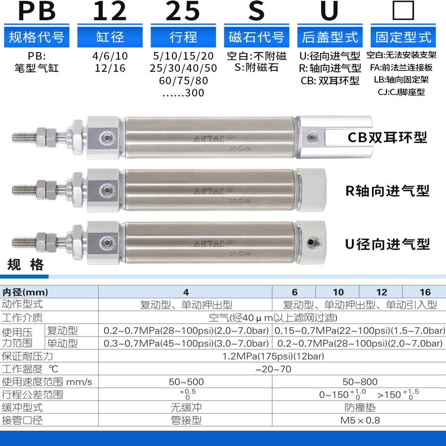 原装亚德客正品笔型气缸PB4*6*10*12**16X5X10X15X20X25X100SCB