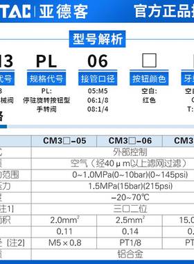 airtac亚德客机械阀手动阀CM3PL05/06/08停驻旋转按钮型控制气阀
