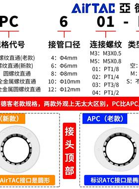 亚德客气管快插接头APC4M5 BPC601螺纹直通PC8-02 1003 1204 1606