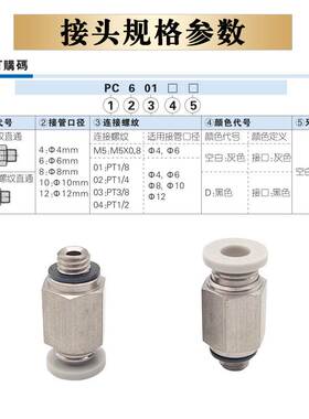AirTac亚德客白色螺纹直通接头PC4/6/8/10/12-M5 01 02 03 04-D