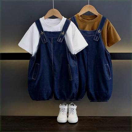 清货巴拉巴柆男童夏装牛仔背带裤套装宝宝时髦洋气韩版两件套中小