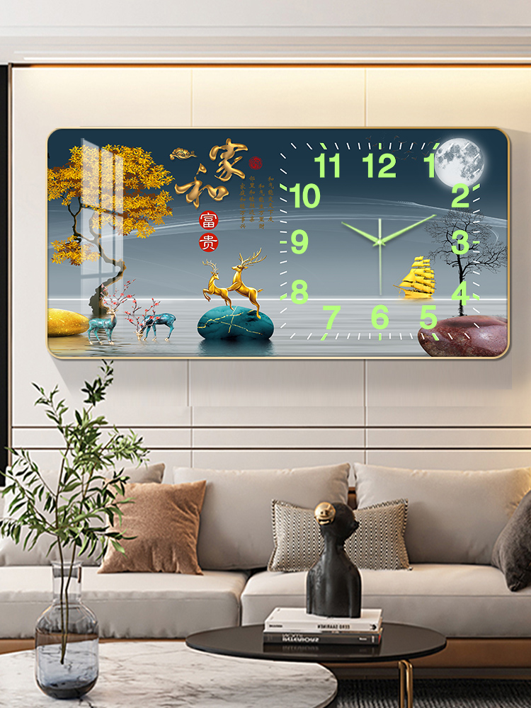 精梭夜光晶瓷画挂钟蓄能夜光家用客厅卧室现代超静音装饰创意时钟