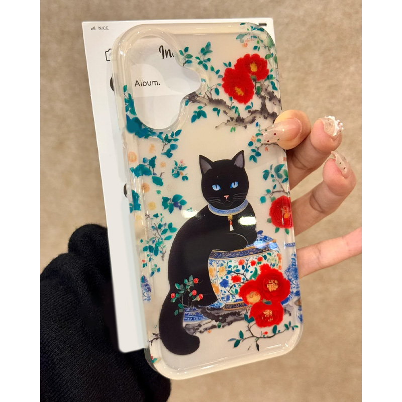 新中式青花瓷黑猫适用苹果16/15promax手机壳iphone14pro可爱卡通13软壳12女新款11双层IMD防摔plus网红超火