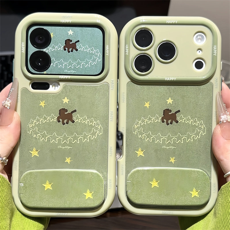 抹茶绿星星围绕小马适用苹果17promax镜面支架手机壳iphone16Pro新款奶油壳华为mate70vivox300防摔小米17pro