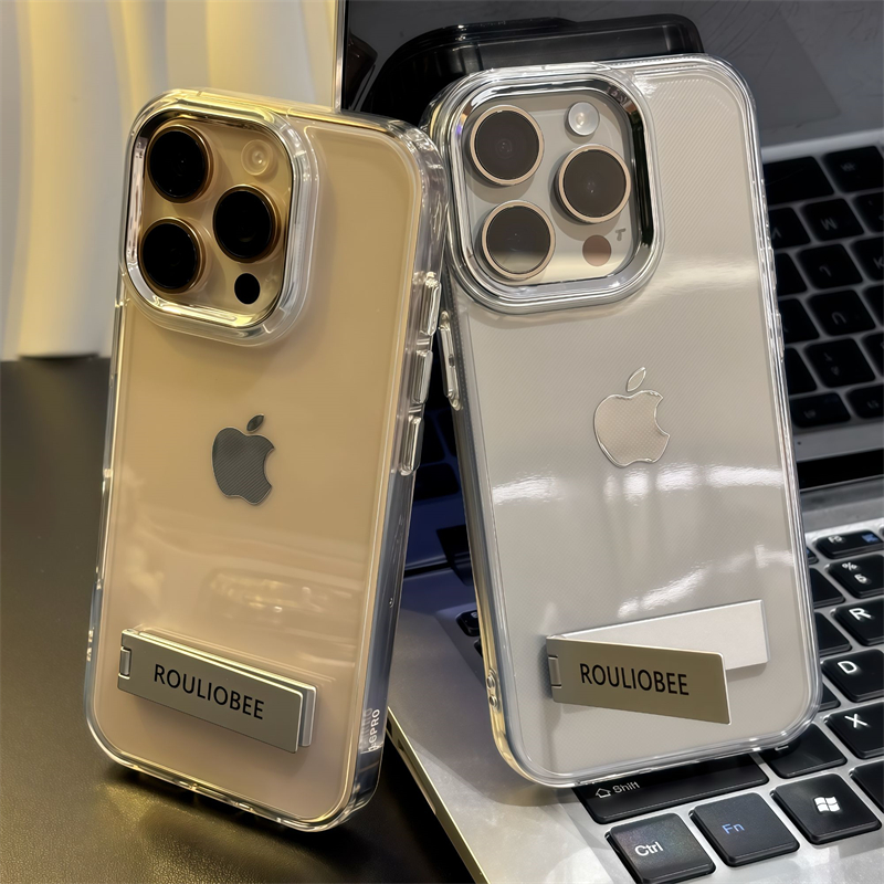 轻奢透明适用苹果16promax手机壳新款金属支架iPhone15保护套华为P70全包vivoX200防摔OPPOReno14软壳小米15