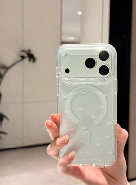 白色猫咪爪爪适用于苹果17Promax磁吸手机壳iphone16Pro男女款14透明13Pro保护套12mini硅胶7/8plus防摔17air