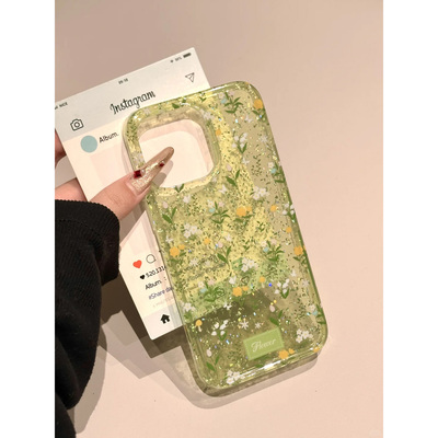 buling闪粉壳半透绿满屏碎花适用苹果16promax手机壳iPhone15新款16保护套7/7plus网红超火女款14全包防摔软