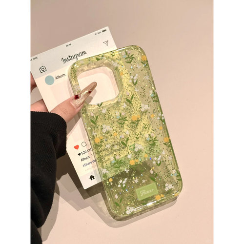 buling闪粉壳半透绿满屏碎花适用苹果16promax手机壳iPhone15新款16保护套7/7plus网红超火女款14全包防摔软