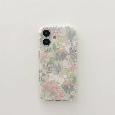 小清新花朵猫咪适用苹果16promax手机壳iphone13新款15pro华为mate70荣耀vivox200小米15OPPO全包双层防摔软