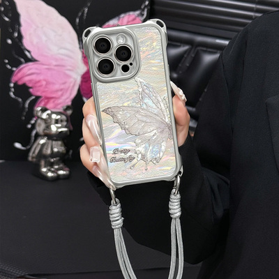 银色流光蝴蝶适用iPhone16promax手机壳新款电镀四角挂绳壳华为mate70P60支架荣耀300provivoiqoo个性oppo软