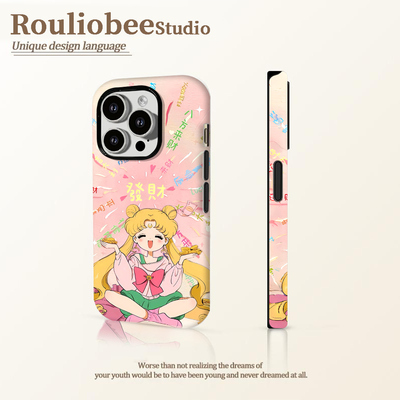 粉色發财美少女适用iPhone16苹果16promax手机壳菲林壳二合一华为P70荣耀300防摔小米15OPPO13简约vivox200套