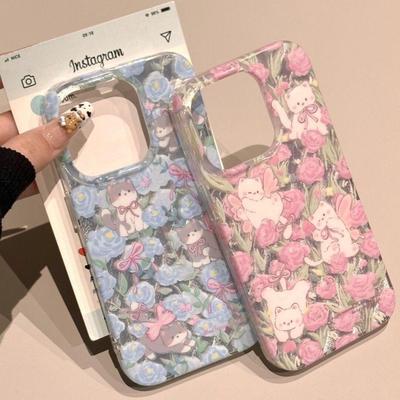 卡通蓝花朵猫咪适用苹果15promax手机壳16pro华为mate60新款pura70漩涡壳OPPOReno12/vivos19x100女小米14软