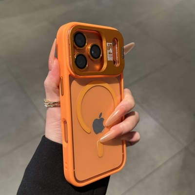 适用苹果17Pro手机壳磁吸新款带镜框支架iphone16Promax保护壳透明男15PM手机套软胶女ip14/13超火小众橙外壳