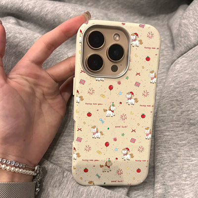 满屏新年小马适用苹果17promax手机壳iphone16pro新款皮纹金属框13/14高级感12个性17保护套15promax全包防摔