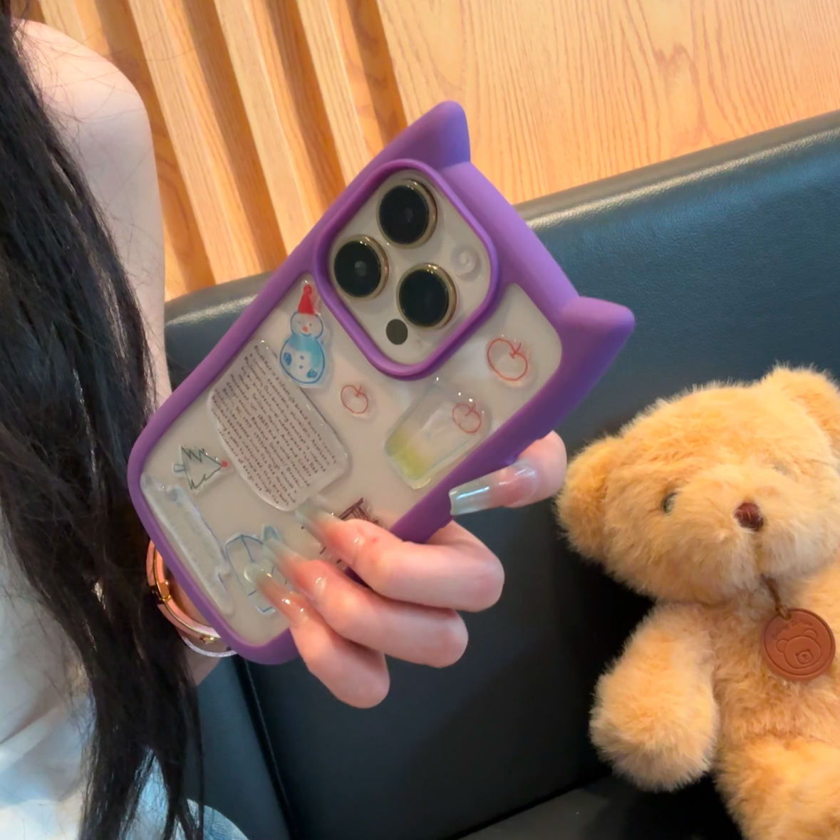 小红书同款可爱猫耳朵透明手机壳适用13苹果16promax新款iPhone15proMax全包14PRO保护15防摔1雪人立体贴纸15