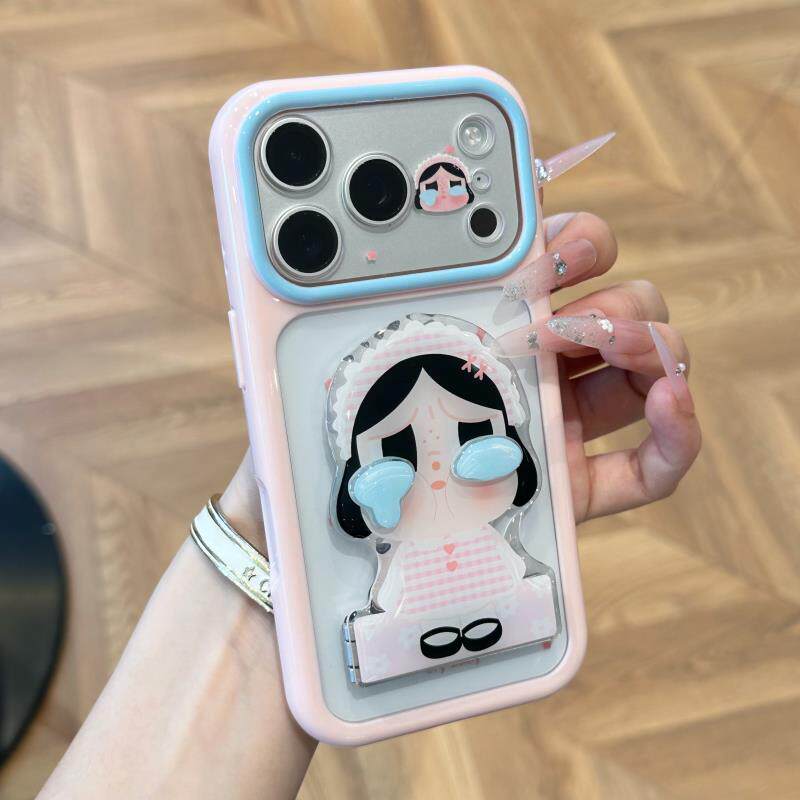 波点黑裙哭娃适用苹果17promax镜面支架手机壳iphone16新款星空壳vivoS50情侣华为mate80防摔小米17pro手机套