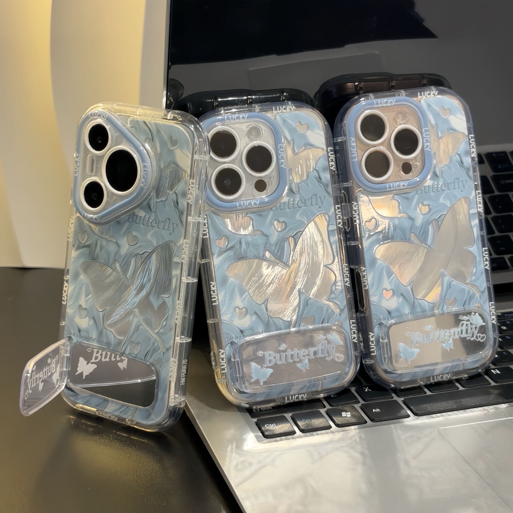 蓝色唯美蝴蝶补妆镜小支架适用iPhone16/15promax手机壳创意小米15红米K70华为荣耀vivox200全包OPPO防摔套女