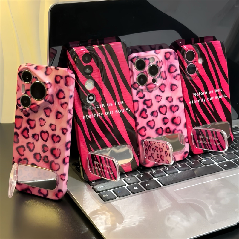 粉爱心豹纹适用苹果15promax手机壳16pro华为mate60新款支架pura70菲林壳OPPOReno12/vivos19x100超火小米14