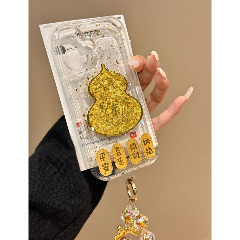 国风金箔滴胶财神爷金葫芦适用iPhone16手机壳苹果16promax新款15/15pro全包13/14时尚14pm女12个性14pro防摔