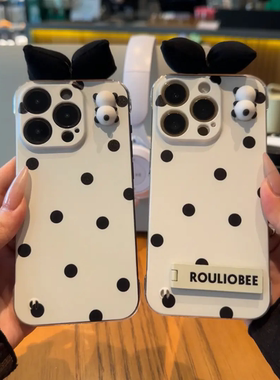黑波点立体蝴蝶结熊猫适用苹果15手机壳16pro无边框vivo超薄红米note13防摔小米14华为pura70荣耀200散热OPPO