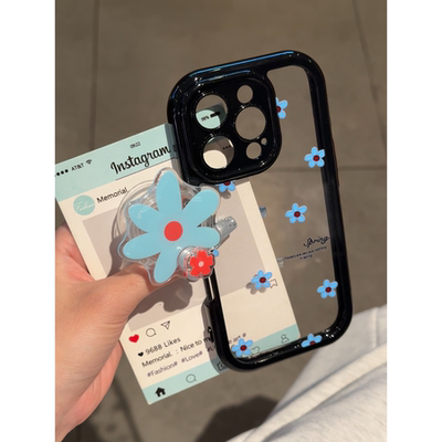 黑色蓝色小碎花奶油壳适用苹果16iPhone15promax蓝花转转支架手机壳新款华为mate70荣耀vivo小米OPPO防摔全包